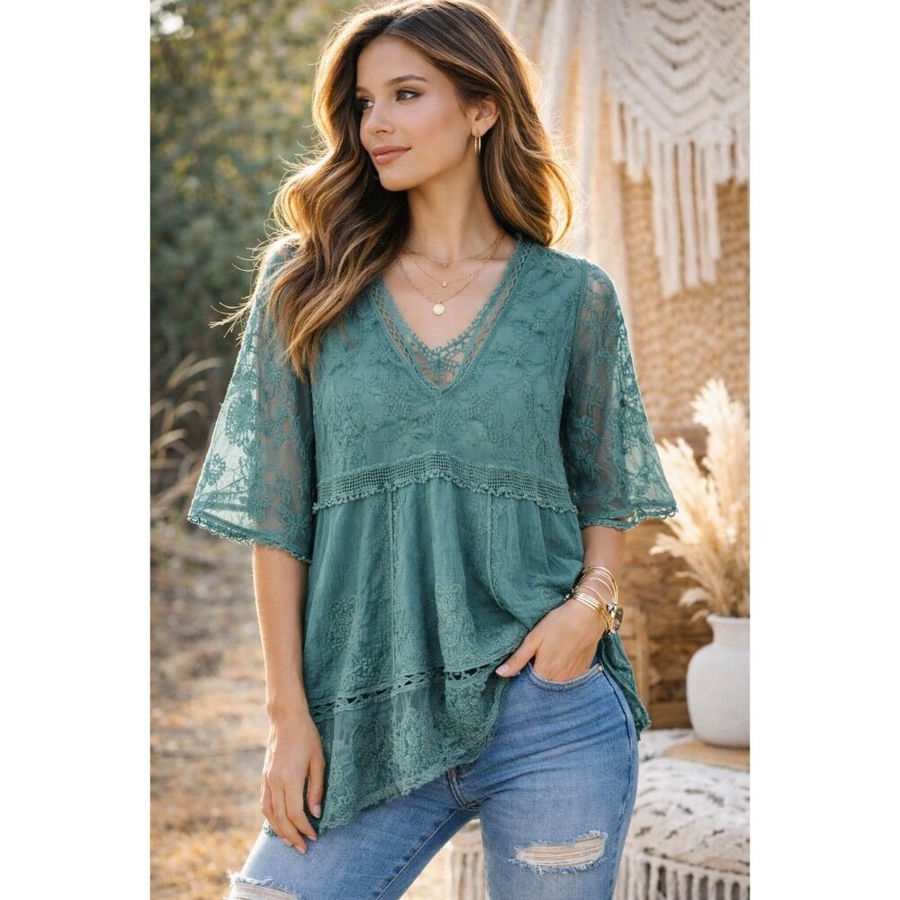 Boho Crochet Lace Tunic Top Sheer V Neck One Size Flowy Teal Green womens
